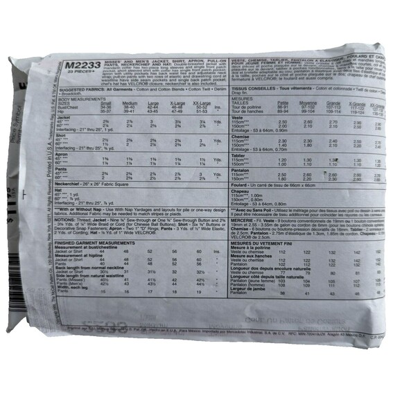 McCalls 2233 Unisex Chef Sewing Pattern Uniform Pattern Med 38-40 CUT - Picture 2 of 2